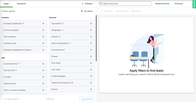 LinkedIn Sales Navigator Lead filters button