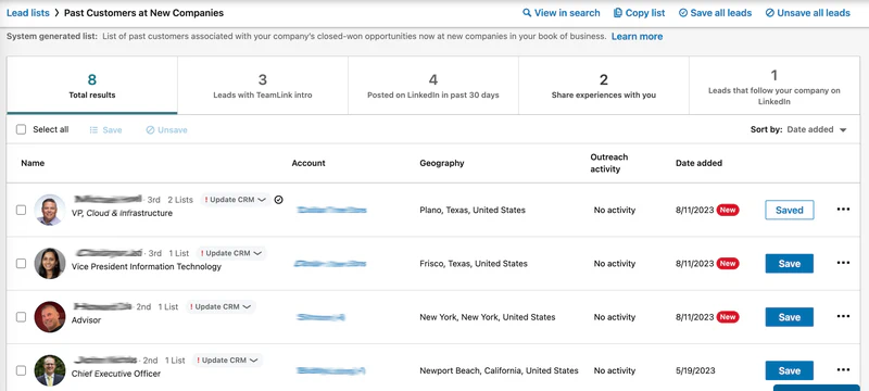 LinkedIn Sales Navigator Past Customers at New Companies screen.