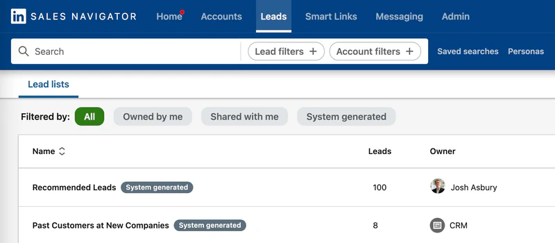 LinkedIn Sales Navigator Lead List screen.