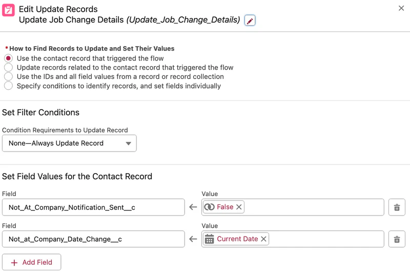 Salesforce Flow update LinkedIn job change fields.