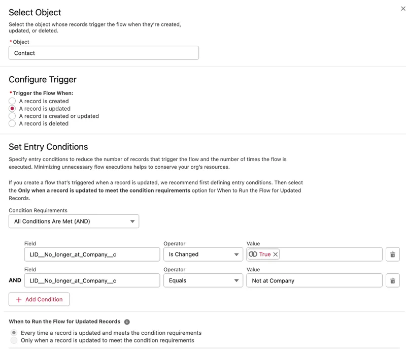 Salesforce Flow update LinkedIn job change conditions.